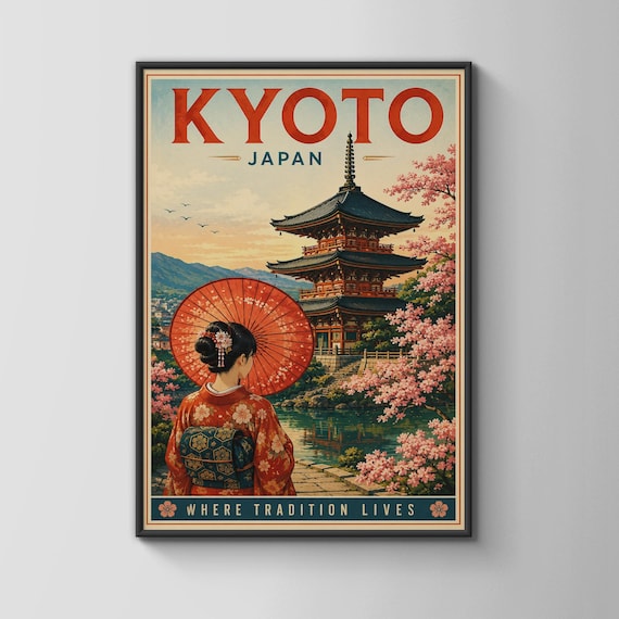 Kyoto Japan Pagoda Cherry Blossom Vintage Travel Scene Style Poster