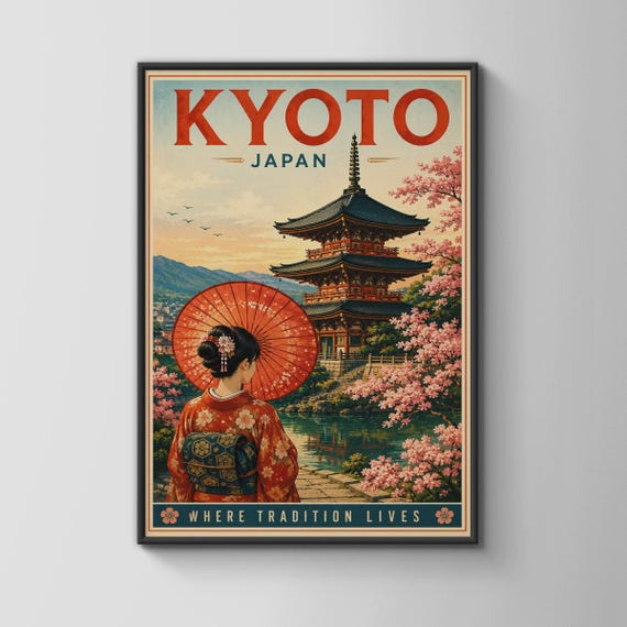 Kyoto Japan Vintage Travel Poster Japanese Pagoda Cherry Blossom Geisha Wall Art