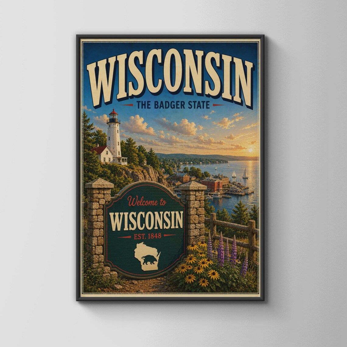 Wisconsin Badger State Vintage Lighthouse Welcome Travel Poster