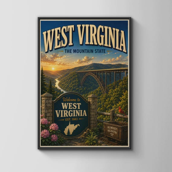 West Virginia Poster The Mountain State Vintage Travel Print New River Gorge Wall Art