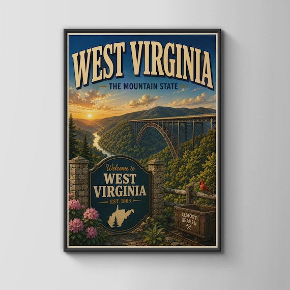 West Virginia The Mountain State Vintage Travel Gorge Bridge Sunset Poster