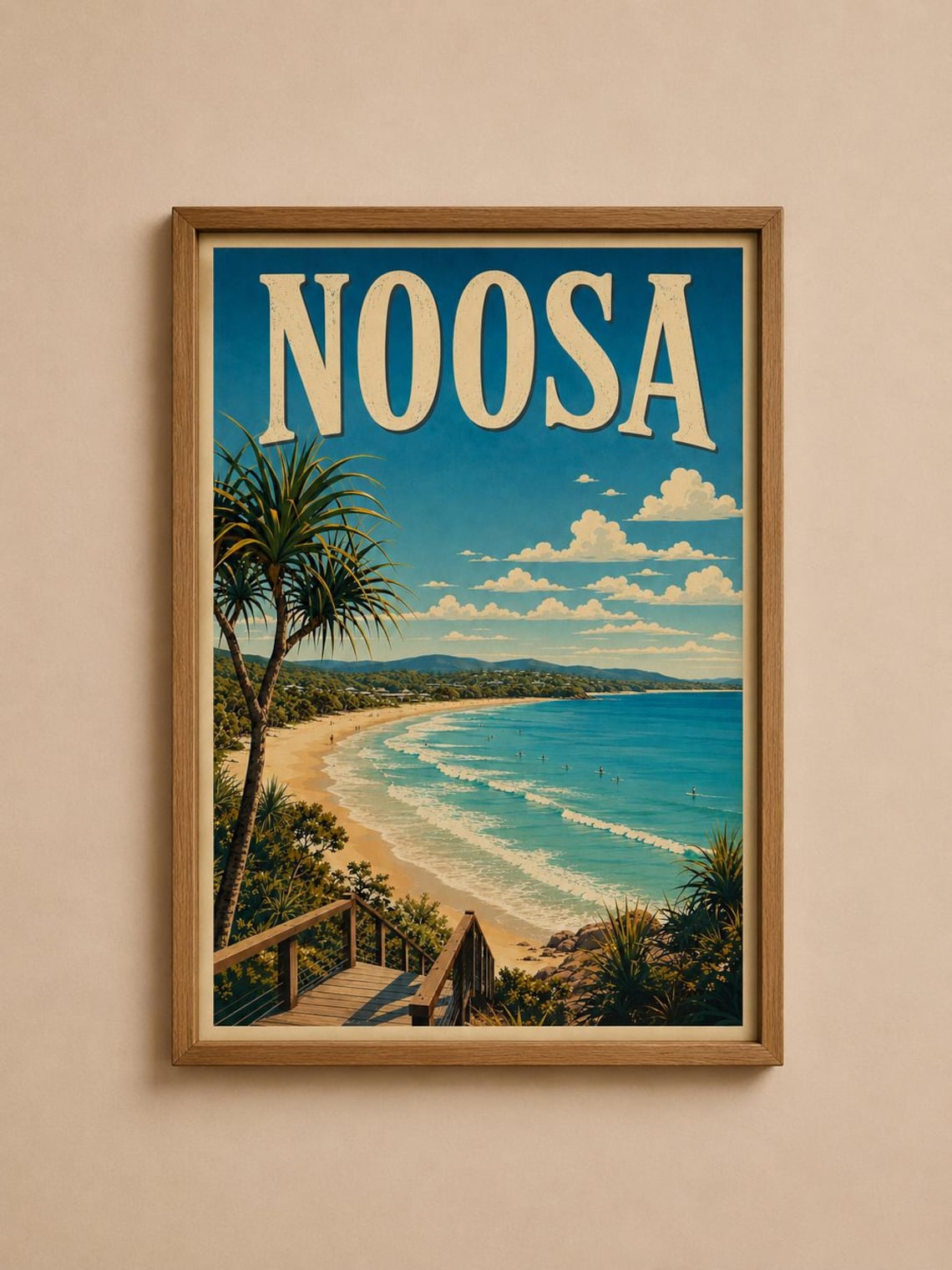 Noosa Beach Vintage Coastal Australia Travel Poster