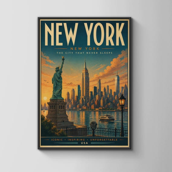 New York Vintage Travel Poster Statue Of Liberty Nyc Skyline Wall Art Print