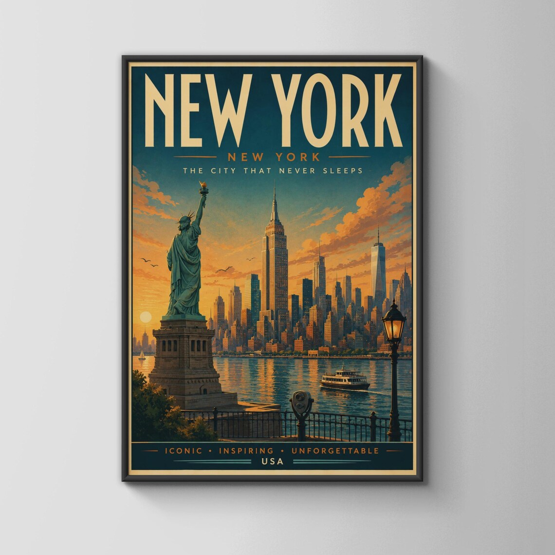 New York City Vintage Travel Statue of Liberty Sunset Skyline Poster