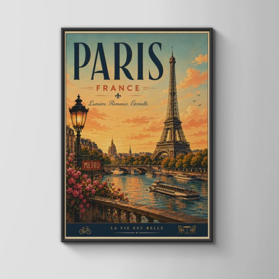 Paris France Vintage Travel Poster Eiffel Tower Seine River Retro Wall Art Print