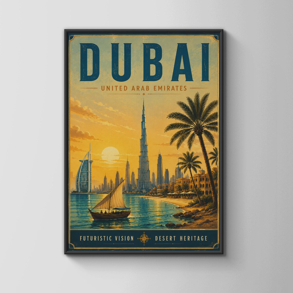 Dubai United Arab Emirates Skyline Sunset Vintage Travel Poster