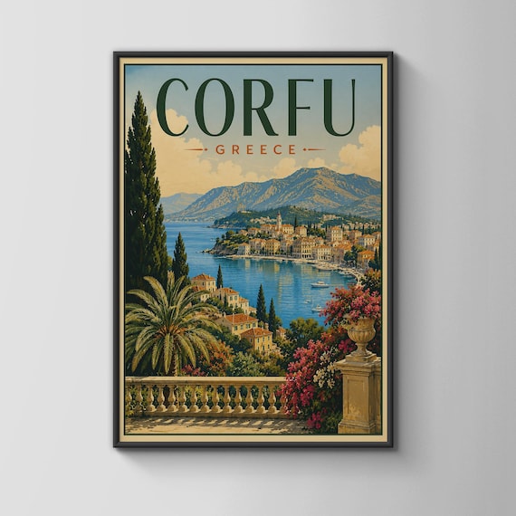 Corfu Greece Harbor Town Vintage Travel Scene Style Art Poster