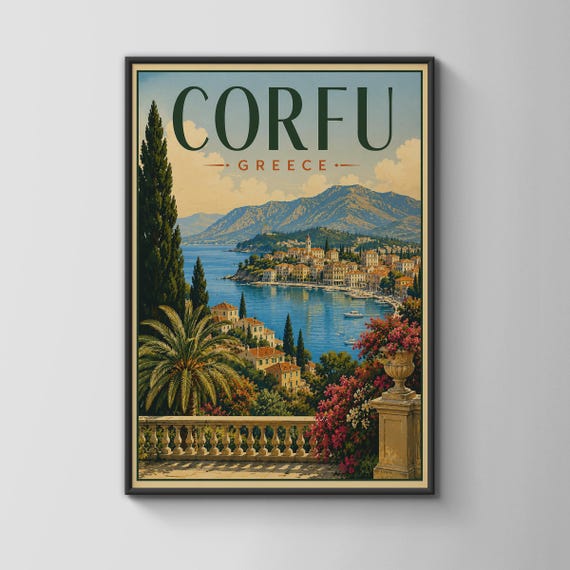 Corfu Greece Vintage Travel Poster Greek Island Wall Art Retro Mediterranean Print