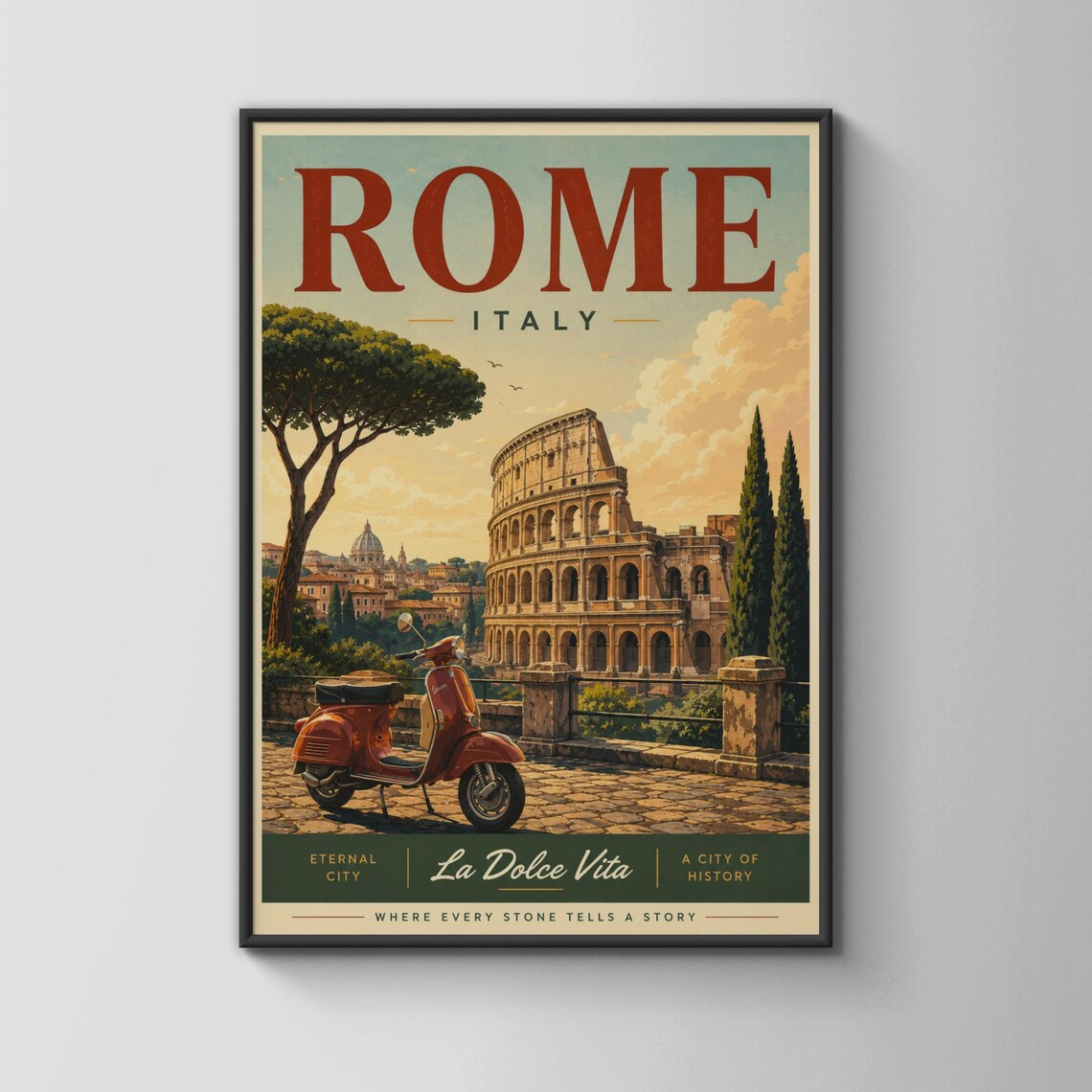 Rome Italy Colosseum Vespa La Dolce Vita Vintage Travel Art Poster