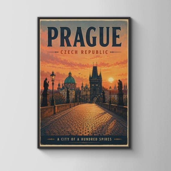 Prague Travel Poster Charles Bridge Print Czech Republic Vintage Wall Art Sunset City