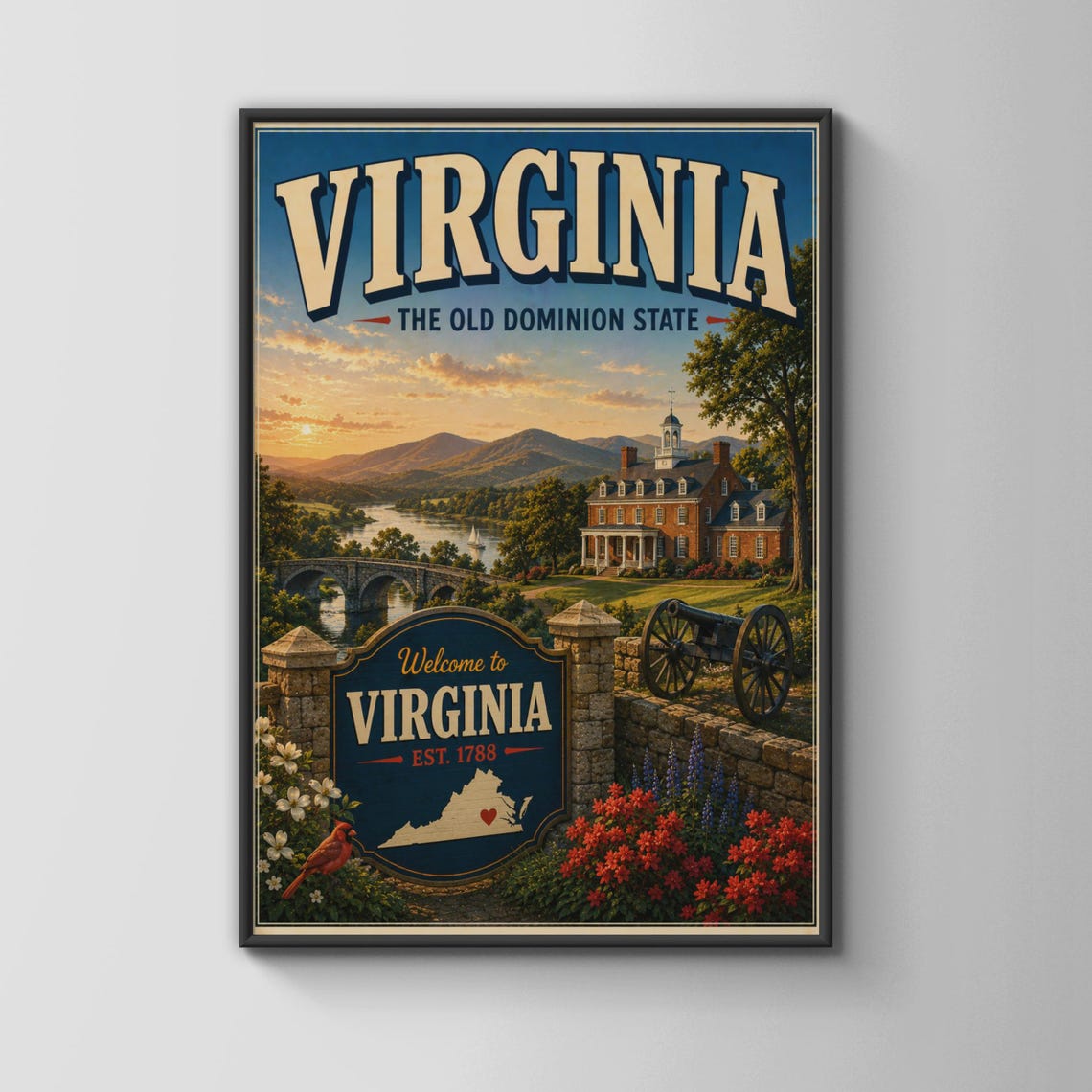 Virginia Old Dominion State Colonial Home Vintage Travel Poster