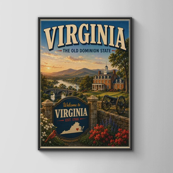 Virginia Old Dominion State Colonial Home Vintage Travel Poster