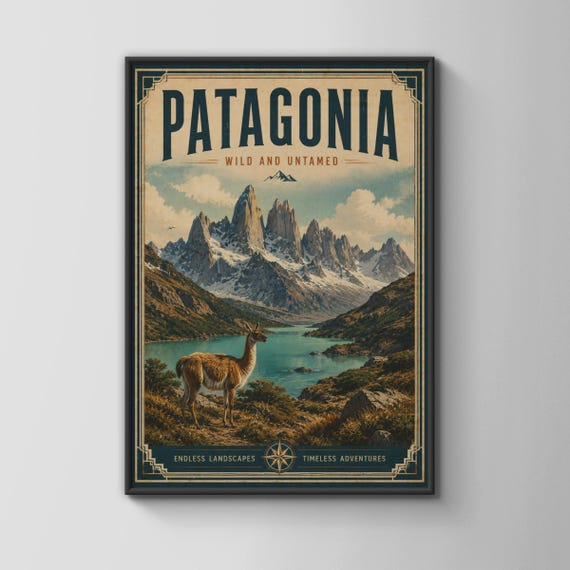 Patagonia Vintage Travel Poster Mountain Landscape Wall Art Guanaco Print South America