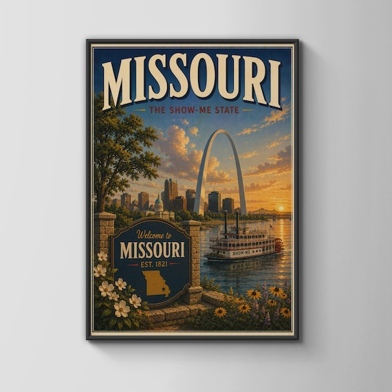 Missouri Show Me State Gateway Arch Riverboat Travel Poster Art