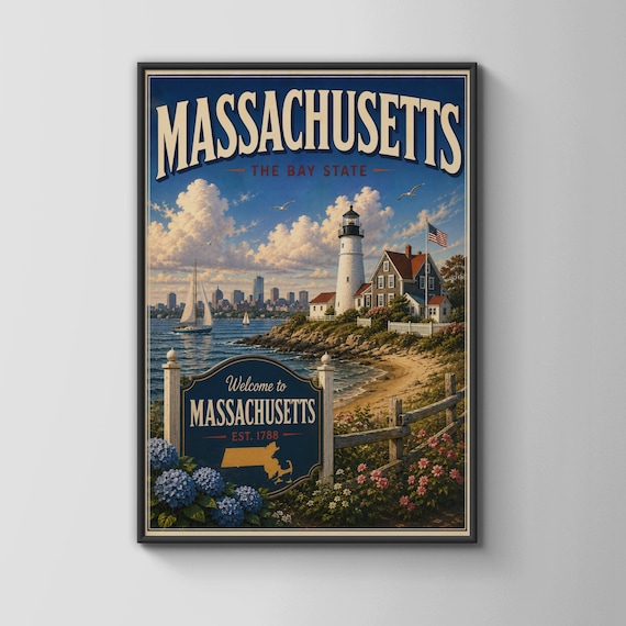 Massachusetts Bay State Lighthouse Boston Vintage Travel Poster
