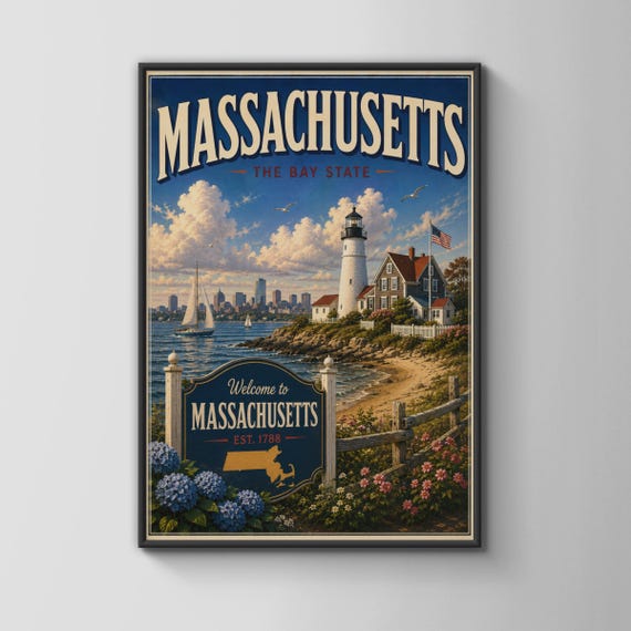 Massachusetts Poster Bay State Lighthouse Vintage Travel Wall Art Print New England Coastal Decor