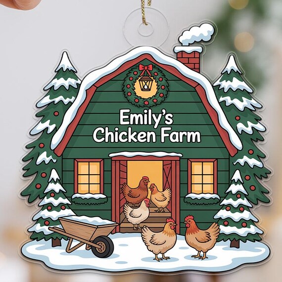 Custom Name Chicken Farm Acrylic Christmas Ornament Green Barn Poster