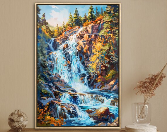 Forest Waterfall Rustic Pine Tree Art With Waterfall Decor Mountain Painting Print In Modern Impressionism Style For Home Decore