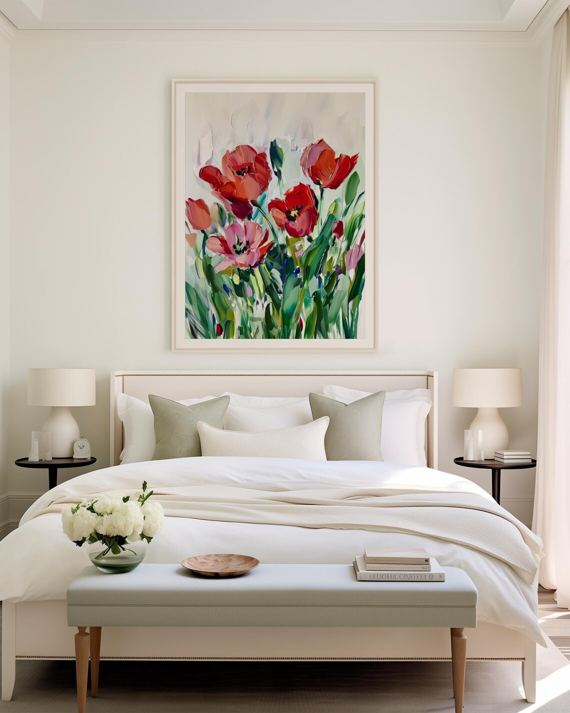Red Tulips Impasto Floral Painting Vibrant Coral Bloom Poster - Image 2
