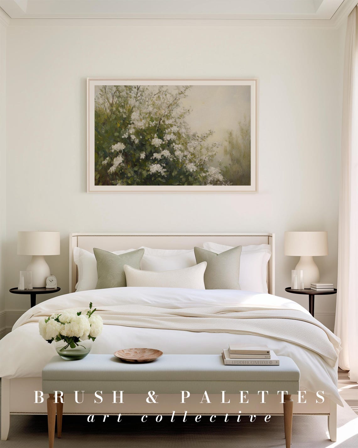 White Blossom Bush Oil Painting Elegant Spring Botanical Wall Poster - Image 2