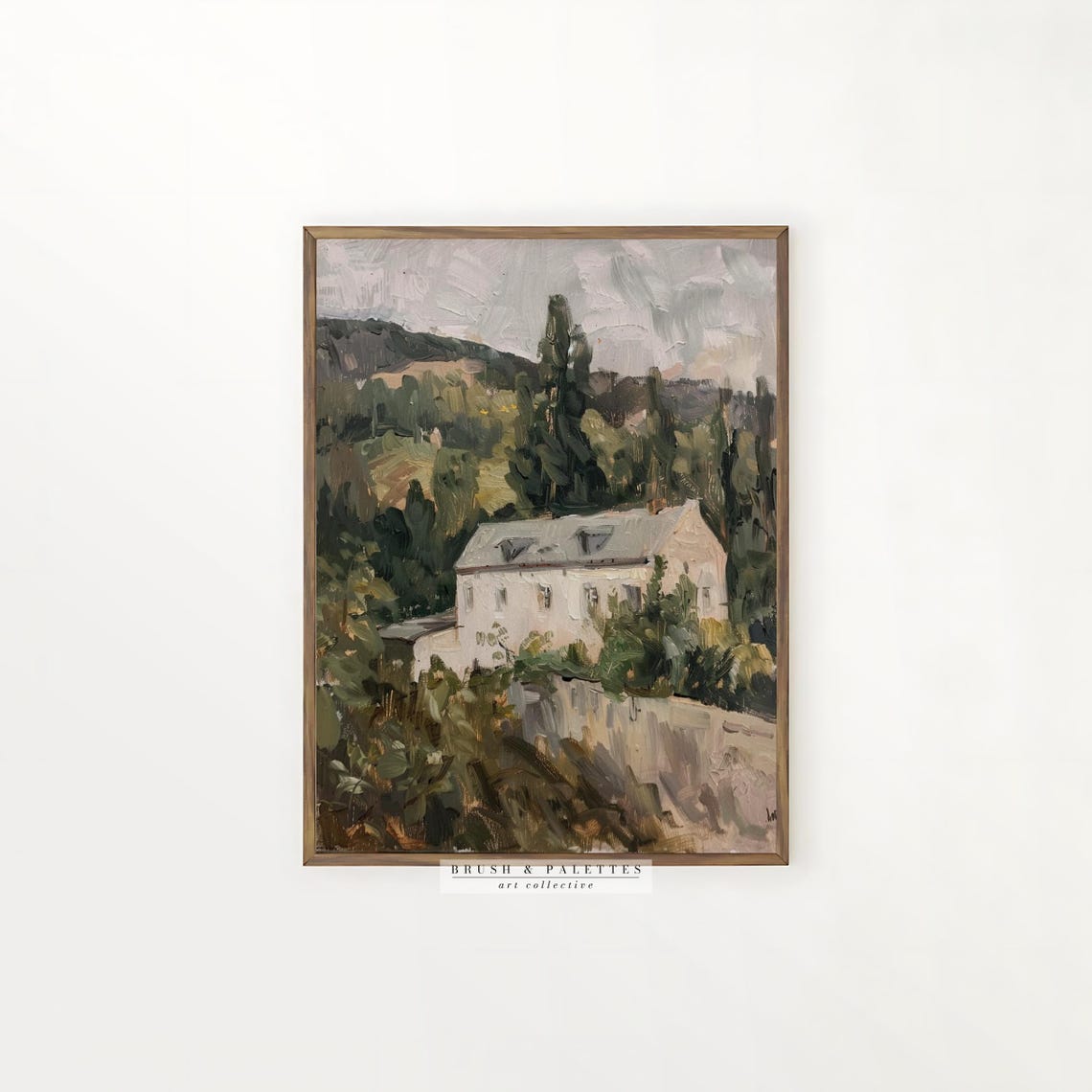 White Country House Among Green Trees Hillside Painting Poster - Image 2