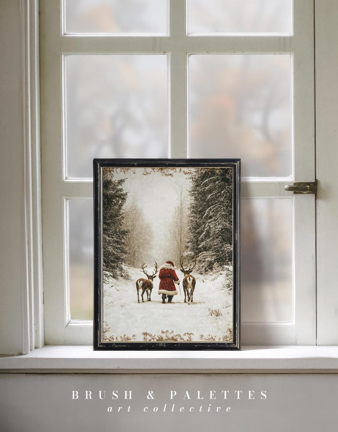 Vintage Santa Walking With Two Reindeer Through Snowy Forest Poster - Image 3