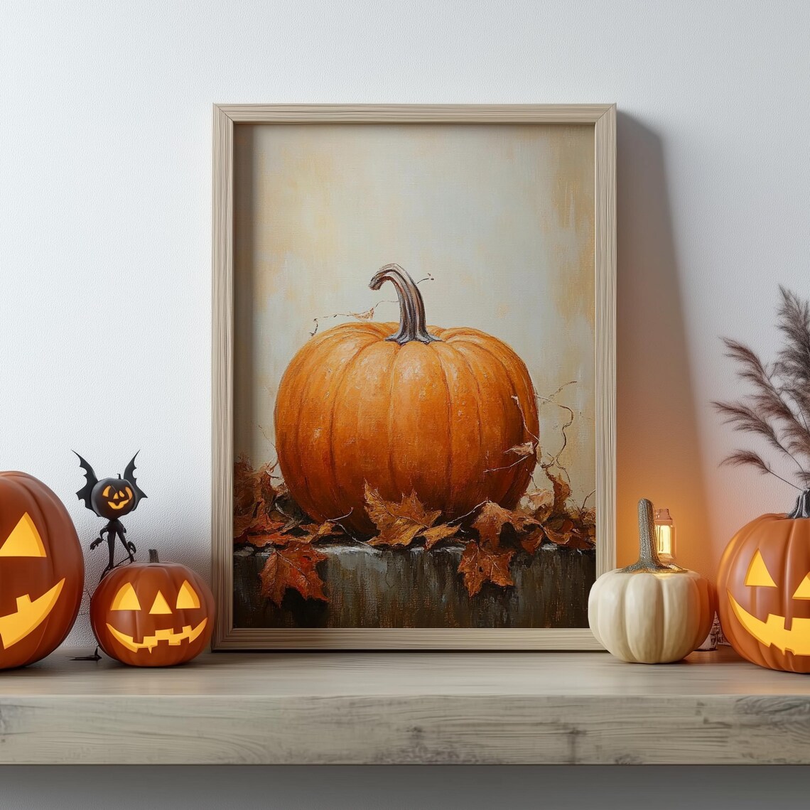 Pumpkin Still Life Autumn Leaves Orange Harvest Oil Painting Poster - Image 3