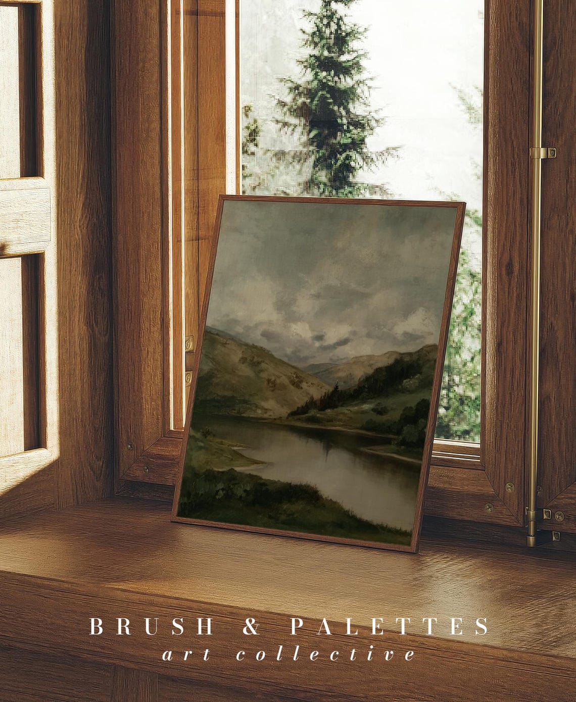 Moody Misty Mountain Lake Valley Serene Vintage Oil Painting Poster - Image 2
