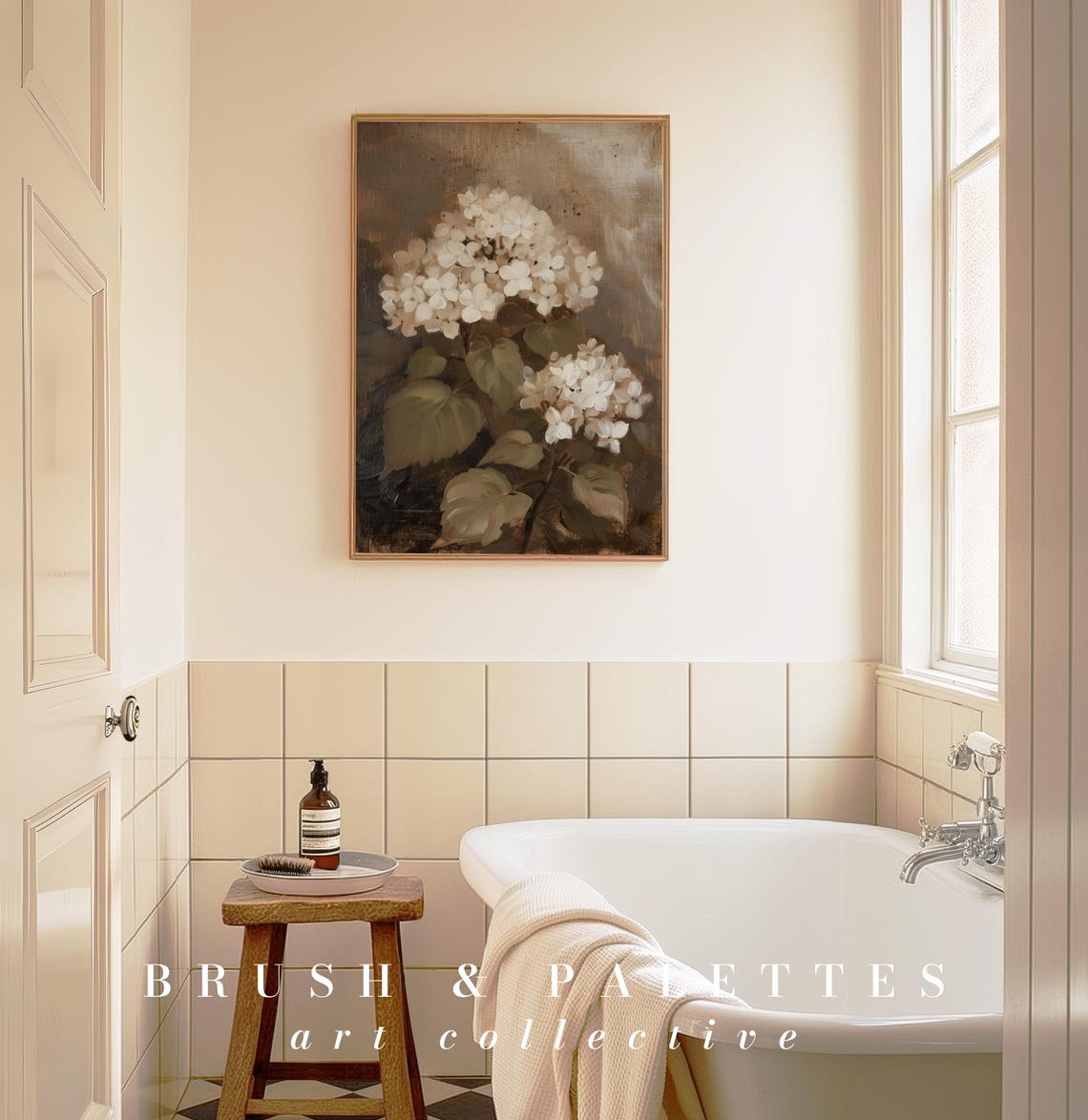 White Hydrangea Blossoms Vintage Botanical Oil Painting Poster - Image 2
