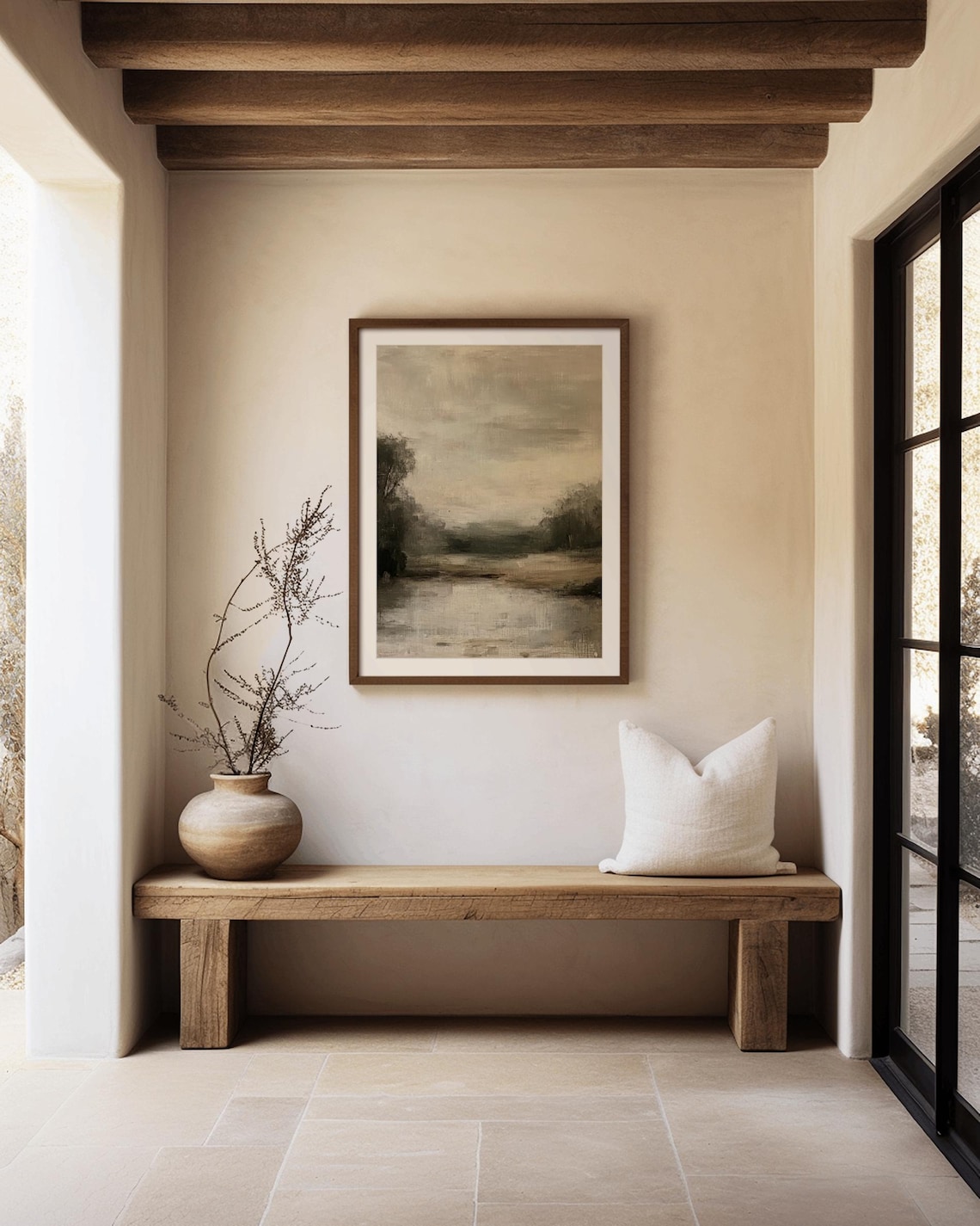 Neutral Landscape Painting, Calm River Countryside Art Print - Image 3