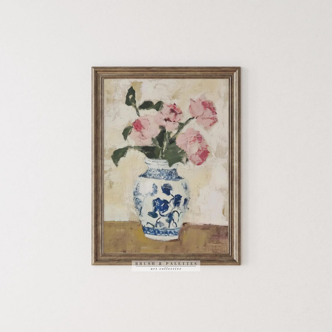 Pink Roses In Blue White Porcelain Vase Impressionist Art Print - Image 3
