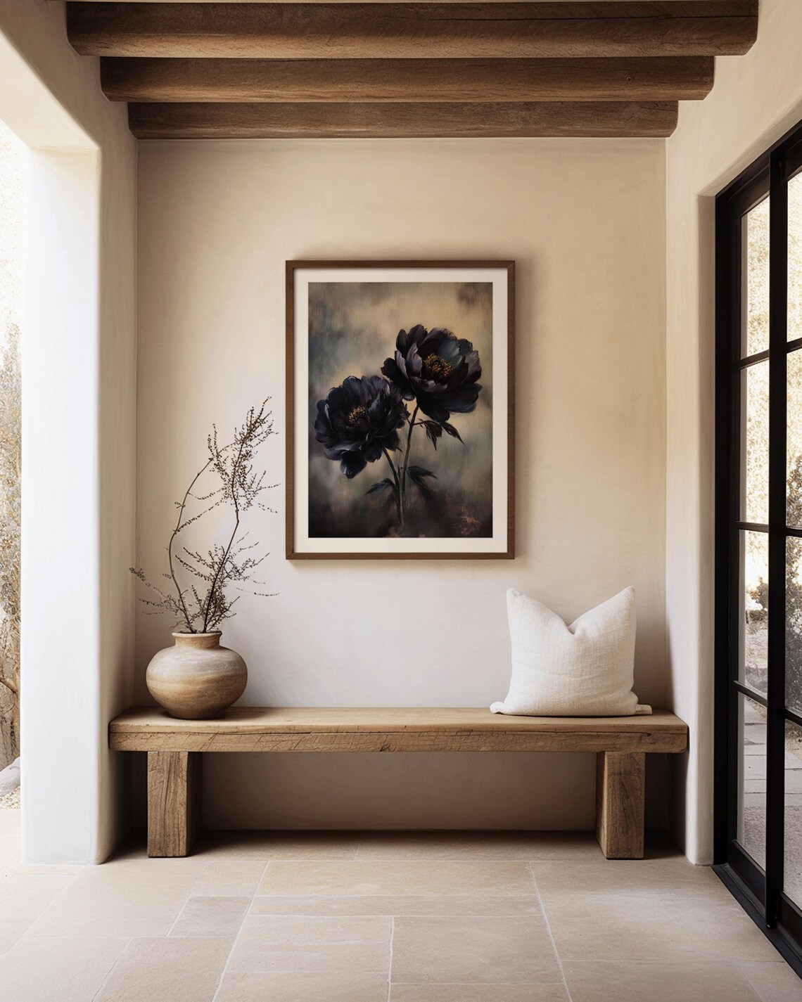 Moody Black Peony Oil Painting Dark Floral Still Life Gothic Wall Art - Image 2