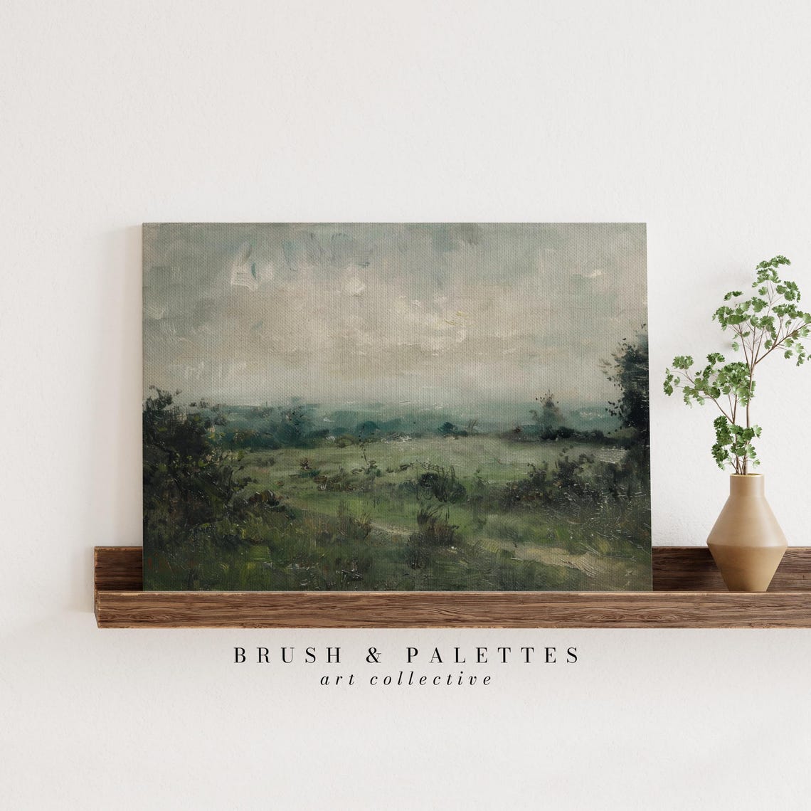 Misty Green Field Under Pale Sky Moody Oil Landscape Painting Poster - Image 3