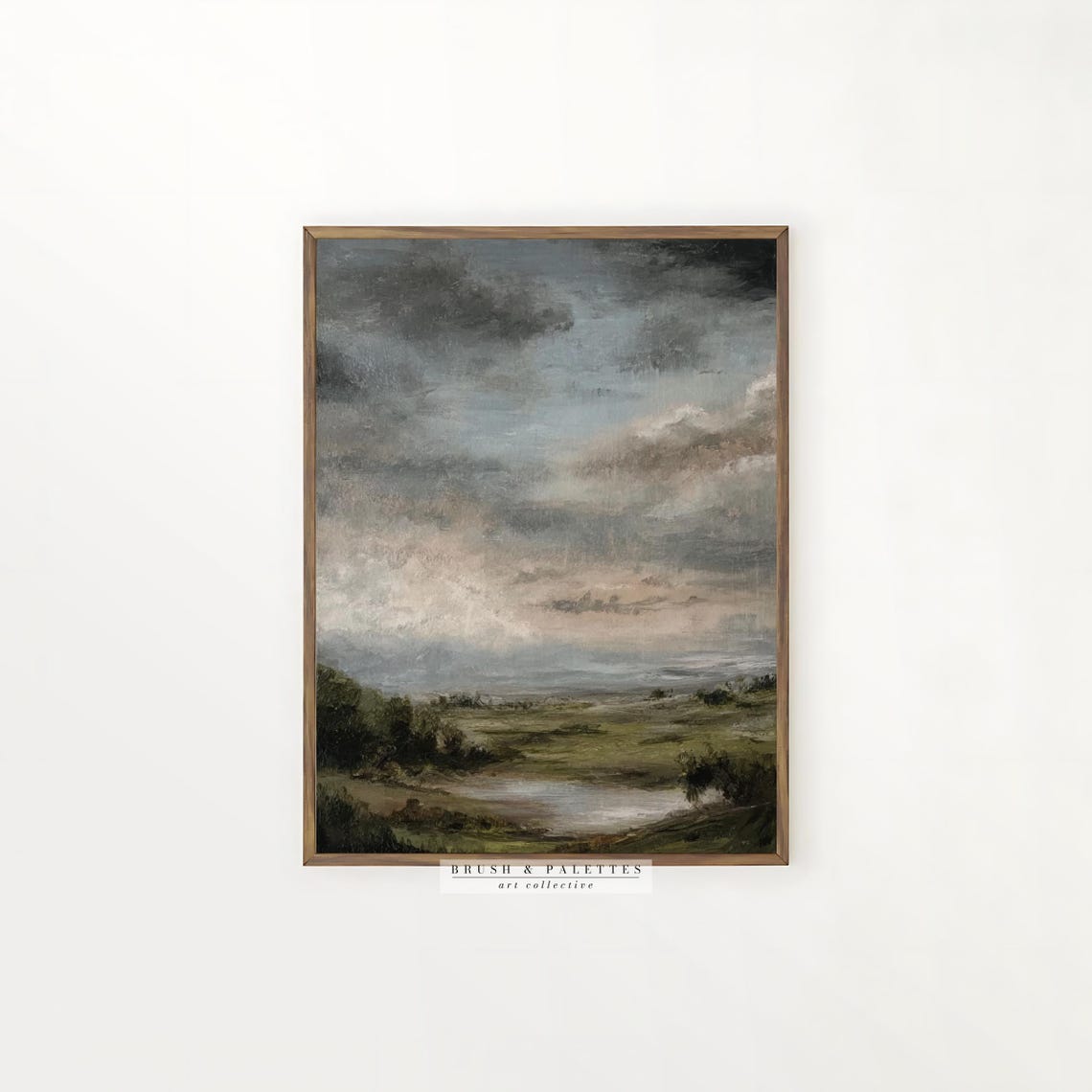 Stormy Cloud Sky Over Green Marsh Valley Oil Landscape Print - Image 2