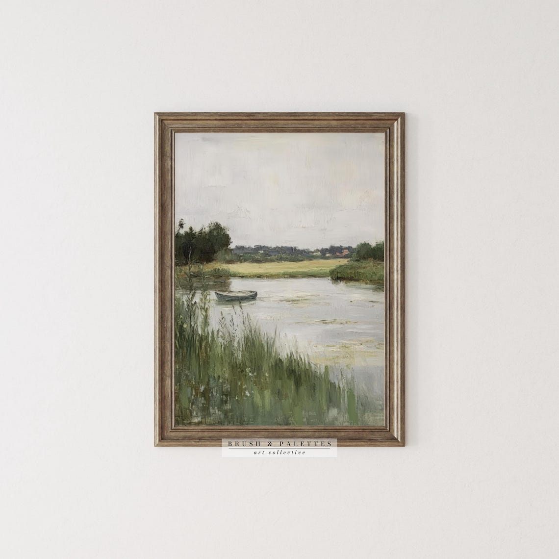 Lone Rowboat On Calm Lake Tall Reeds Soft Green Landscape Print - Image 2