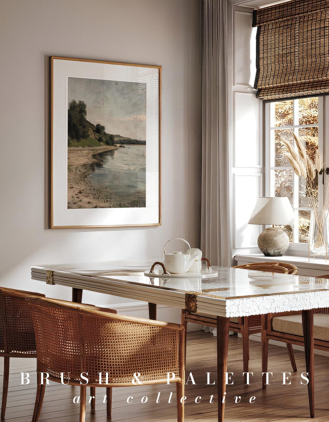 Serene Riverbank Sandy Shore Trees Calm Water Painting Poster - Image 3