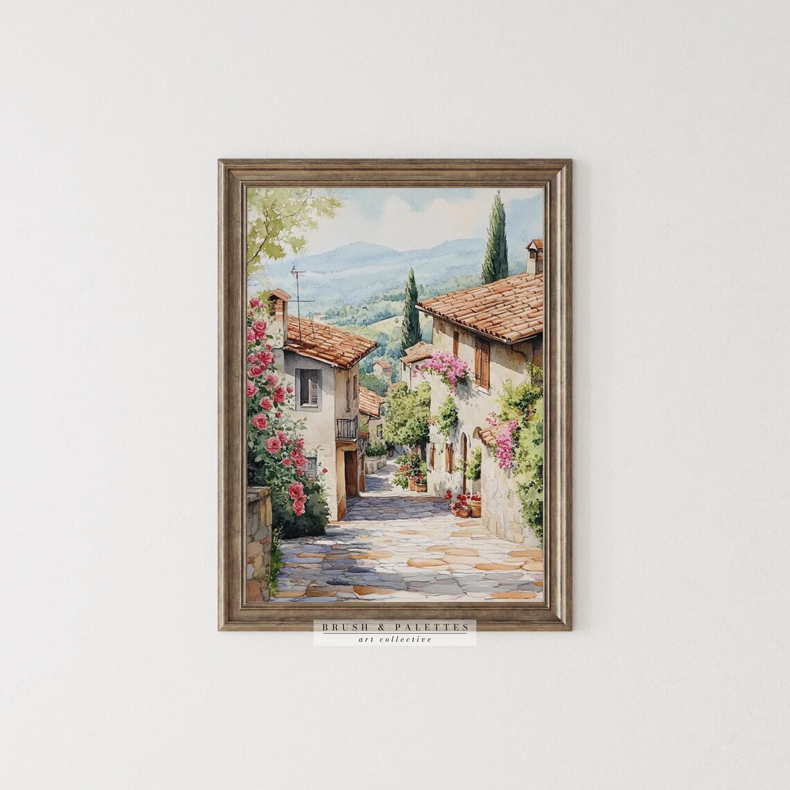 Italian Village Sunlit Street Stone Houses Roses Watercolor Print - Image 3