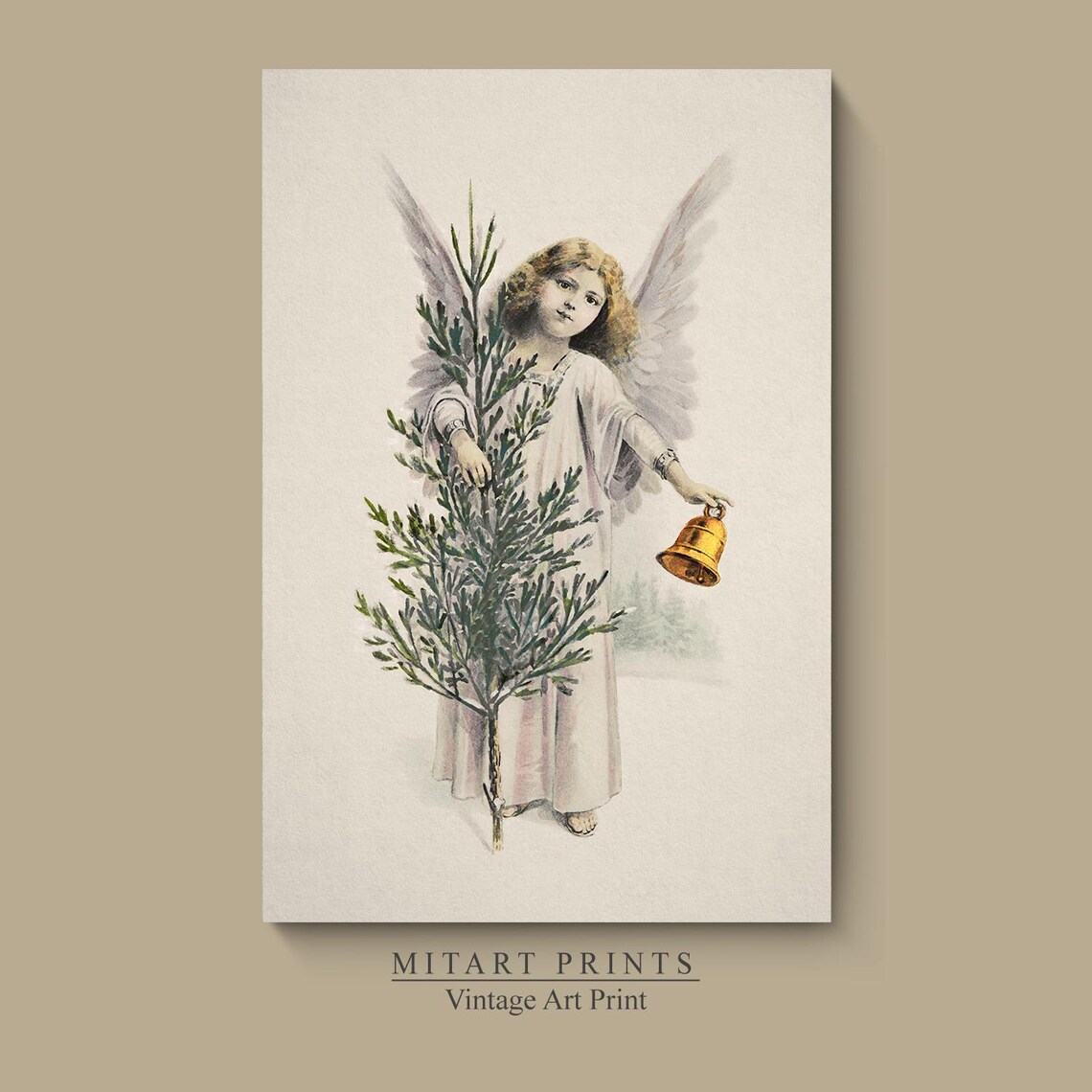 Vintage Christmas Angel Holding Tree and Golden Bell Art Print - Image 4