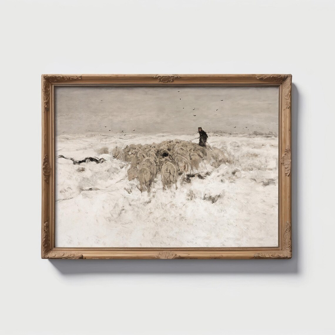 Vintage Shepherd with Sheep Flock in Snowstorm Countryside Poster - Image 3