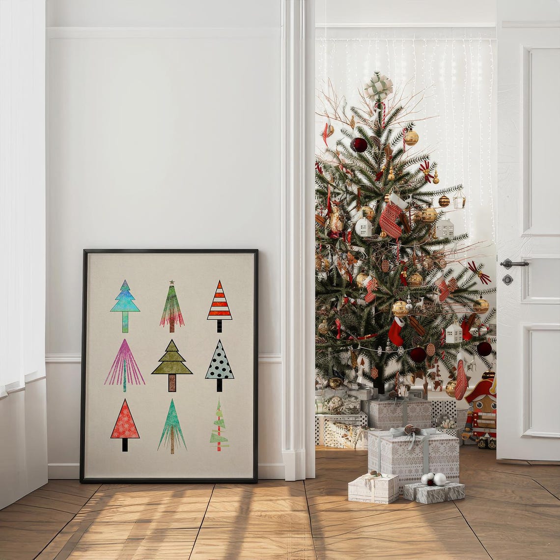 Nine Geometric Colorful Christmas Trees Modern Holiday Art Print - Image 2
