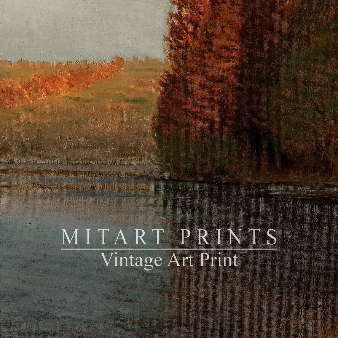 Vintage Autumn Lake Landscape Painting, Rustic Art Print - Image 3