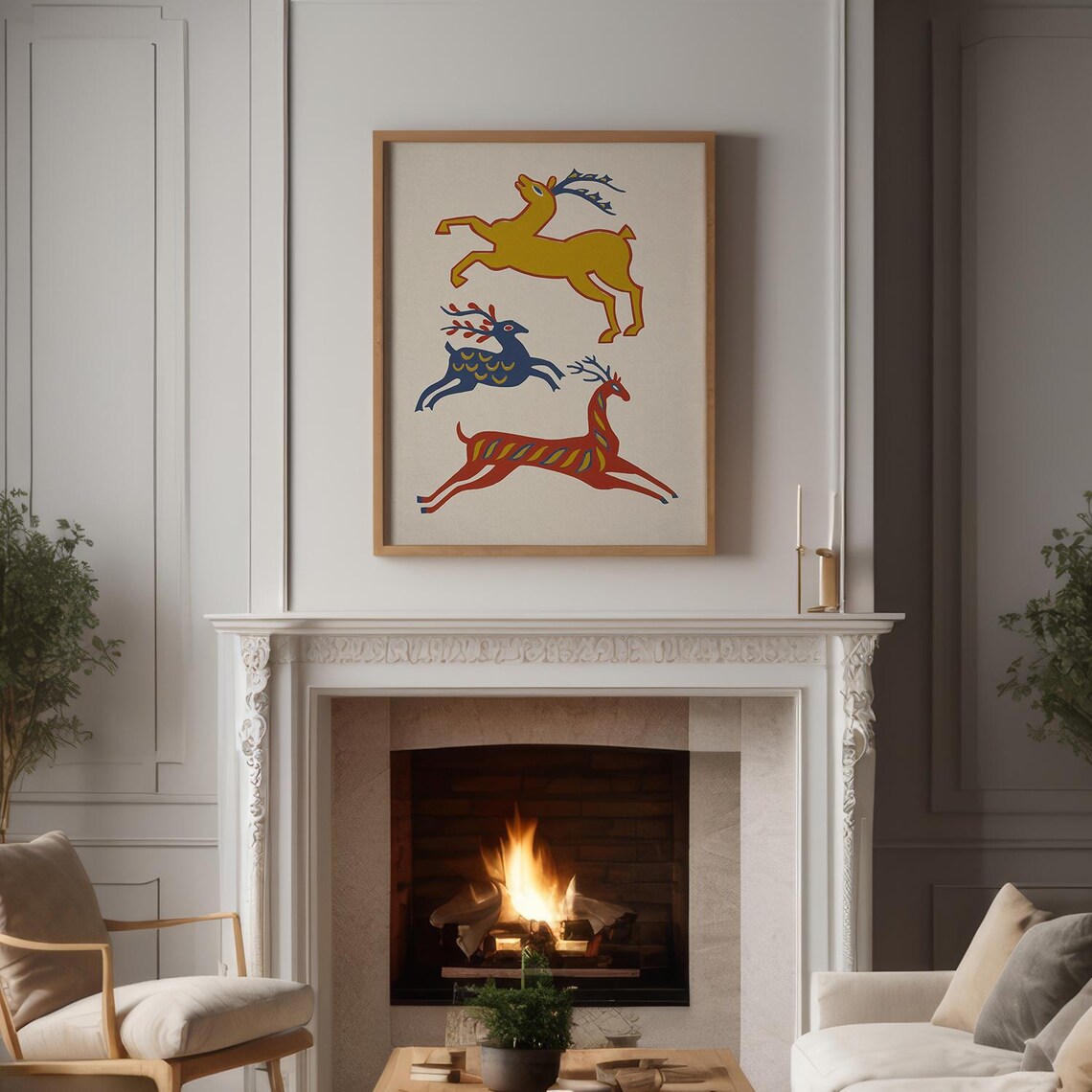 Colorful Leaping Reindeer Folk Art Scandinavian Christmas Art Print - Image 3