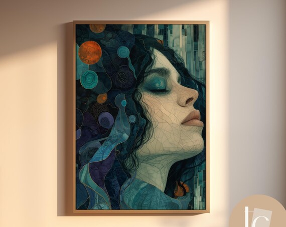 Woman Profile With Teal Cosmic Swirling Hair Abstract Ethereal Poster