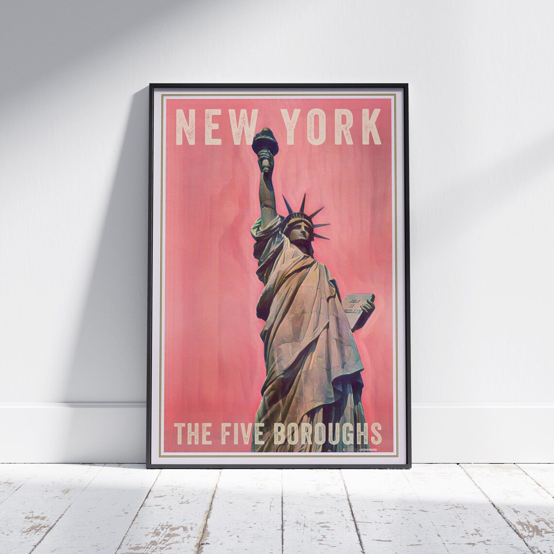 New York Statue of Liberty Five Boroughs Coral Retro Travel Poster