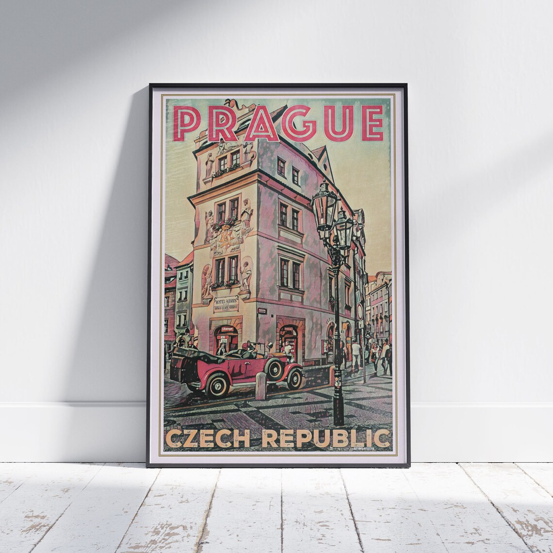 Prague Czech Republic Vintage Travel Poster Old Town Red Car Art