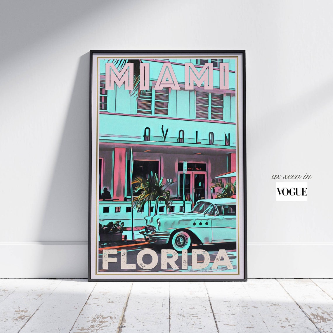 Miami Avalon Art Deco Hotel Classic Car Travel Poster Florida