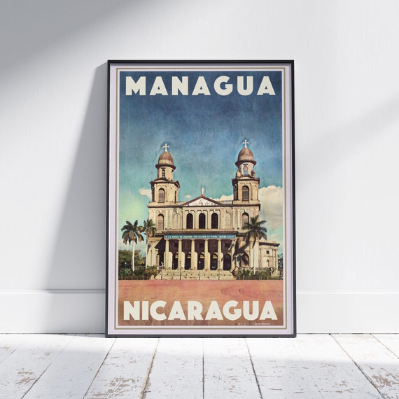 Managua Poster Nicaragua By Alecse Limited Edition Nicaragua Travel Poster Managua Gallery Wall Print Of The Cathedral De Santiago