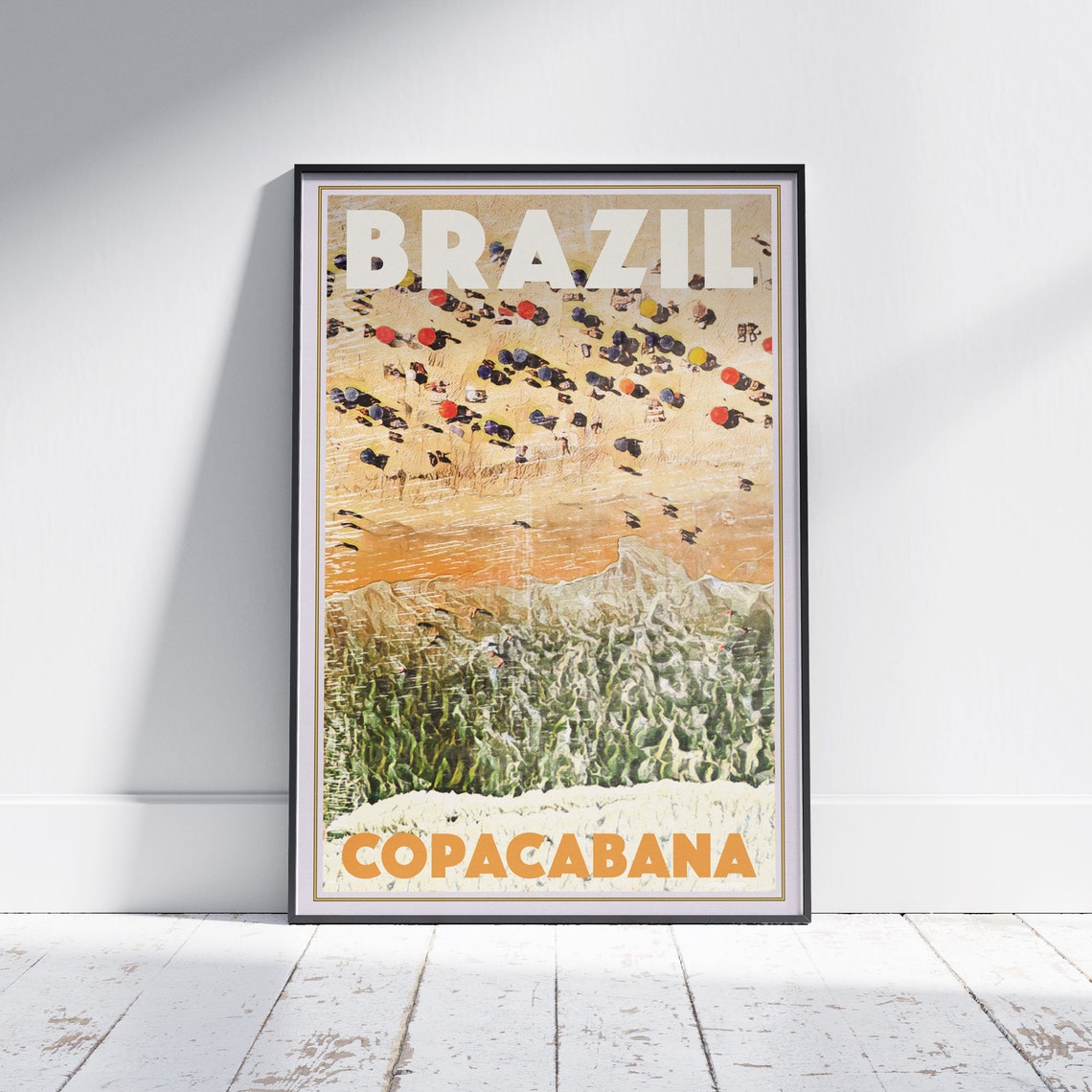 Copacabana Beach Aerial Umbrellas Brazil Vintage Travel Poster