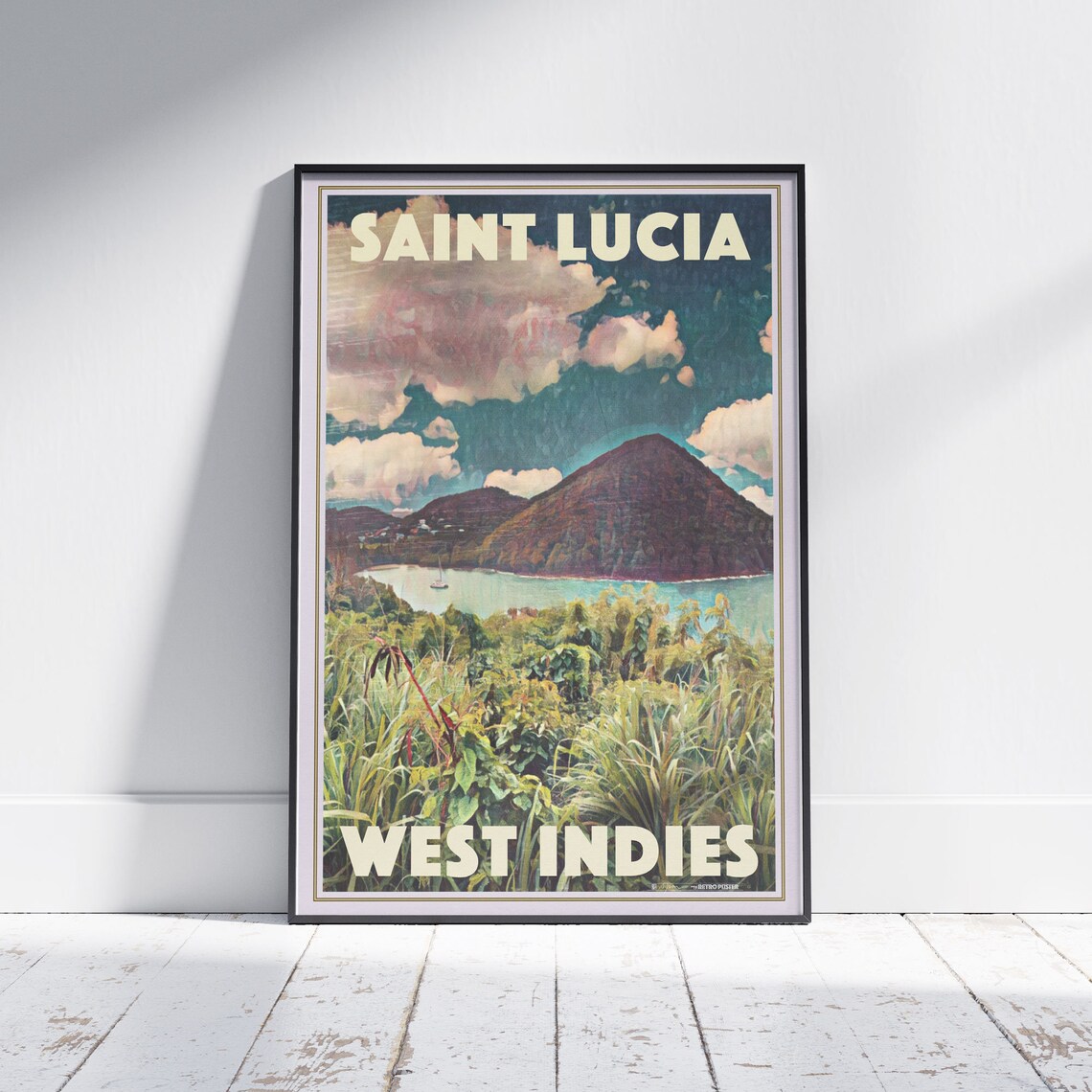 Saint Lucia West Indies Vintage Travel Poster With Volcanic Peak Bay