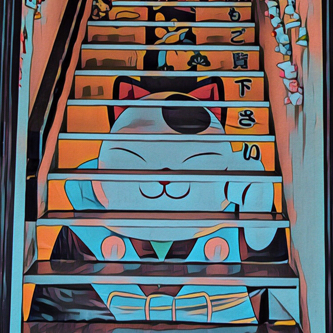 Kyoto Japan Retro Travel Poster Painted Lucky Cat Staircase Street Art - Image 4